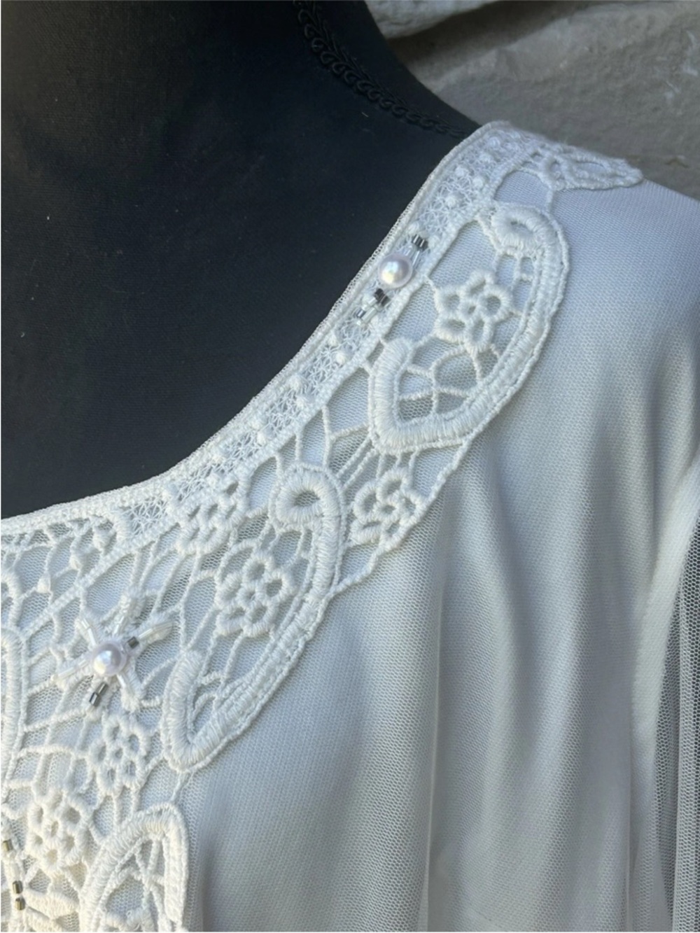 Roaman's Embellished Mesh Overlay Tunic Top 22W Ivory Crochet Lace Pearl NEW - Picture 2 of 12